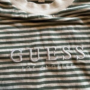 Vintage 90s Guess Green and White Striped Tee Sz med embroidered logo
